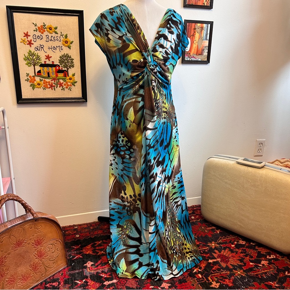 Boho Butterfly Wing Vintage 90s Y2K Glam Fairycore Artsy Twist Front Maxi Dress - Picture 3 of 15